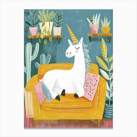 Storybook Style Unicorn Sat On A Mustard Sofa With Plants Canvas Print