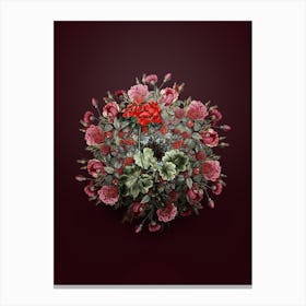 Vintage Scarlet Geranium Flower Wreath on Wine Red n.0761 Canvas Print