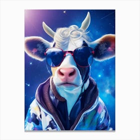 Funny Cow Wearing Jacket And Glasses With In Space Background Cool Canvas Print