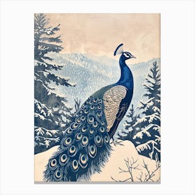 Blue Linocut Peacock Snow Scene 2 Canvas Print