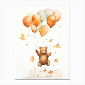 Bear Flying With Autumn Fall Pumpkins And Balloons Watercolour Nursery 1 Canvas Print