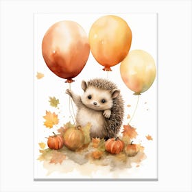 Hedgehog Flying With Autumn Fall Pumpkins And Balloons Watercolour Nursery 3 Canvas Print