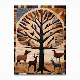 'Animals under the tree' American Quilting Inspired Folk Art with Earth Tones, 1388 Canvas Print
