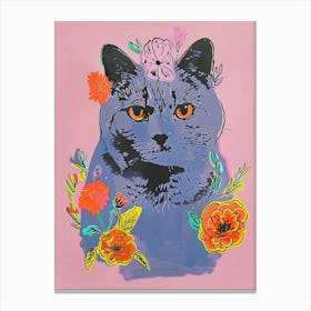 Cute British Shorthair Cat With Flowers Illustration 2 Canvas Print