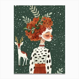 Christmas Girl With Deer Canvas Print