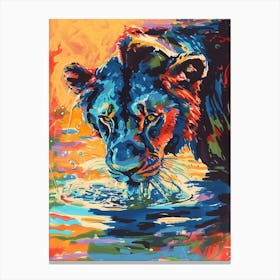 Black Lion Drinking From A Watering Hole Fauvist Painting 2 Canvas Print