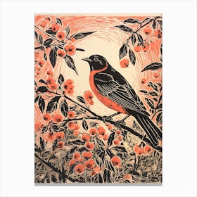 Birds And Branches Linocut Style 5 Canvas Print
