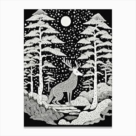 Deer In The Forest Linocut Canvas Print