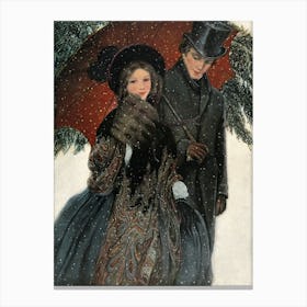 Lovers Couple In The Snow. Vintage Portrait Canvas Print