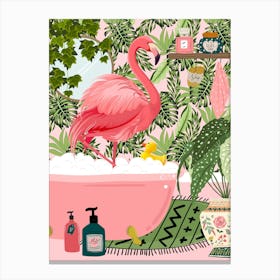 Flamingo In Bathtub Bathroom Canvas Print