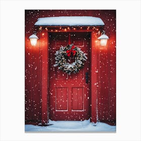 Red Festice Christmas door with wreath Canvas Print