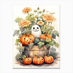 Cute Bedsheet Ghost, Botanical Halloween Watercolour 34 Canvas Print