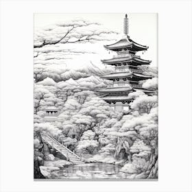 Chureito Pagoda In Yamanashi, Ukiyo E Black And White Line Art Drawing 2 Canvas Print