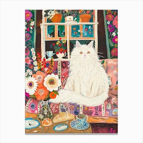 Tea Time With A White Fluffy Cat 4 Canvas Print