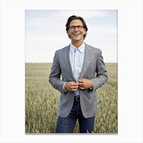 Businessman Smartly Dressed In A Grey Suit With Crisp Button Down Shirt And Jeans Stands Confident Canvas Print