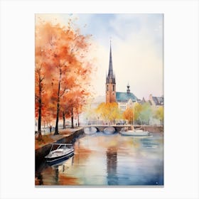 Copenhagen Denmark In Autumn Fall, Watercolour 4 Canvas Print