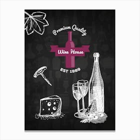 Wine House Chalkboard Illustration — wine poster, kitchen poster, wine print Canvas Print