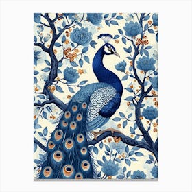 White & Blue Peacock Vintage Wallpaper Canvas Print