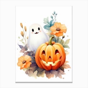 Cute Ghost With Pumpkins Halloween Watercolour 144 Canvas Print