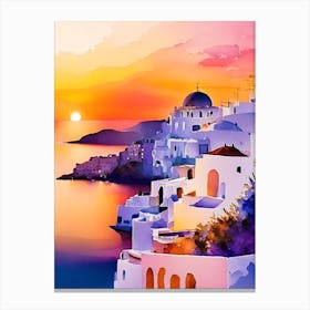 Santorini Greece Water Colour Sunset 2 Canvas Print