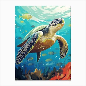 Block Colour Turtle Swimming Aqua 5 Canvas Print