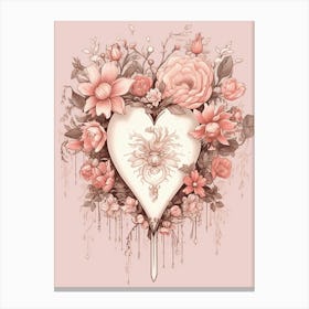 Floral Vintage Sepia Blush Pink Heart 3 Canvas Print