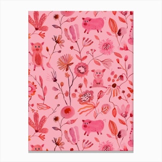 Pigs And Florals Pink Canvas Print