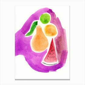 Fruits On Purple - watercolor vertical hand painted food kitchen purple lilac orange red pear watermelon Canvas Print