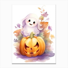 Cute Ghost With Pumpkins Halloween Watercolour 97 Canvas Print