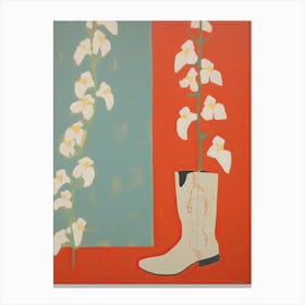 A Painting Of Cowboy Boots With White Flowers, Pop Art Style 17 Canvas Print