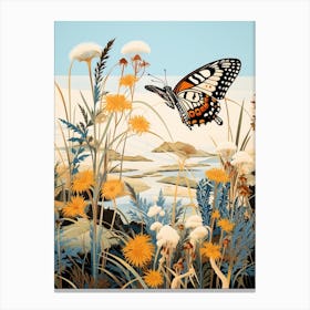Butterflies In Wild Flowers Japanese Style Painting 4 Canvas Print
