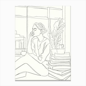 Girl Reading A Book Hand Drawing Line Art Canvas Print