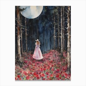 Lost in Rose Woods ~ Fairytale Art Print Witchy Wonderland Princess Maiden in Roses Enchanted Mysterious Forest, Pagan Wheel of the Year, Full Moon Watercolor Fairy Tale Painting of Woman Goddess in Pink Dress Gazing at Lunar Full Moon Canvas Print