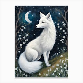 Imbolc White Fox ~ Under the Full Moon with Snowdrops ~ Enchanted Fae Creatures Series by Sarah Valentine  Canvas Print