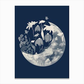 Moon And Flowers in Navy Blue, Watercolor Canvas Print