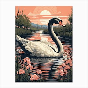 Vintage Bird Linocut Swan 1 Canvas Print