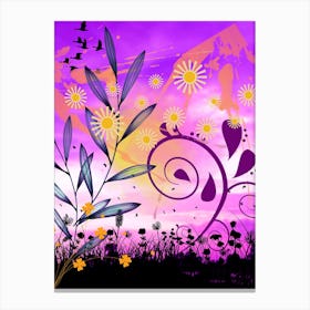 Sunset With Flowers And Birds Canvas Print
