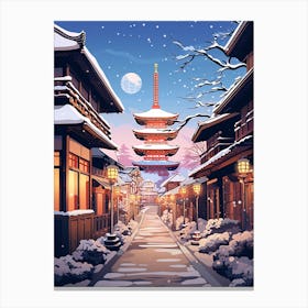 Winter Travel Night Illustration Kyoto Japan 3 Canvas Print