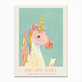 Pastel Unicorn On A Smart Phone Storybook Style Poster Canvas Print