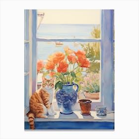 Cat With Amaryllis Flowers Watercolor Mothers Day Valentines 2 Canvas Print