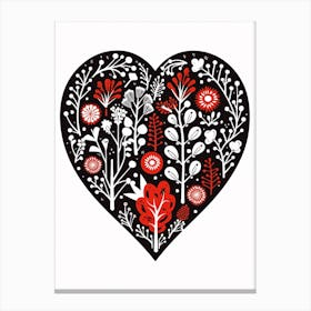Heart Linocut Black & Red White Background 2 Canvas Print