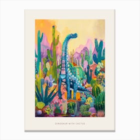 Colourful Dinosaur With Cactus & Succulent Painting 1 Poster Canvas Print