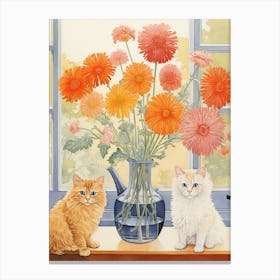 Cat With Chrysanthemum Flowers Watercolor Mothers Day Valentines 2 Canvas Print