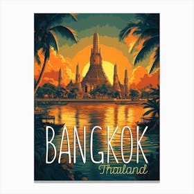 Bangkok, Wat Arun Temple Retro Travel Poster Canvas Print