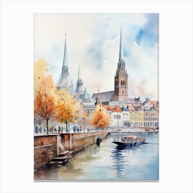 Hamburg Germany In Autumn Fall, Watercolour 3 Canvas Print