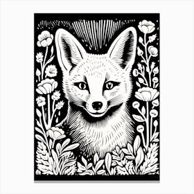 Fox In The Forest Linocut White Illustration 9 Canvas Print