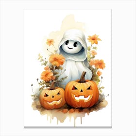 Cute Ghost With Pumpkins Halloween Watercolour 64 Canvas Print