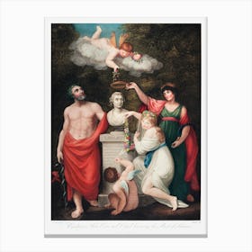 Flora, Aesculapius, Ceres, With Cupid, Honoring The Bust Of Linnaeus From The Temple Of Flora (1807), Robert John Thornton Canvas Print