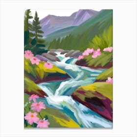 Mountain Stream With Pink Flowers Canvas Print