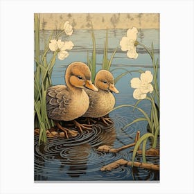 Ducklings With Pond Weed Japanese Woodblock Style 3 Canvas Print